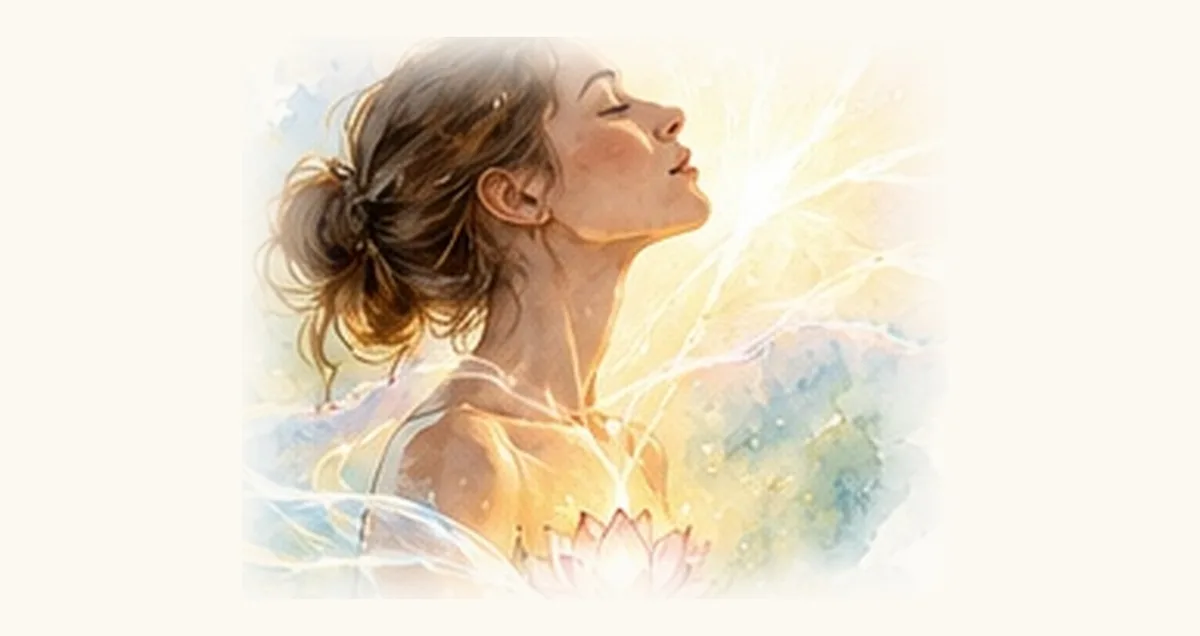 Aquarelle d’un visage apaisé entouré de lumière bleutée et dorée.