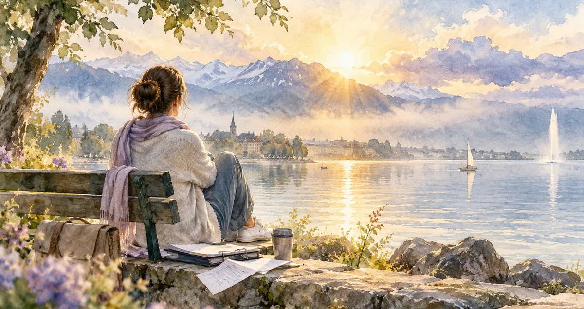 Aquarelle d’une personne au bord du lac profitant d’un moment de calme.