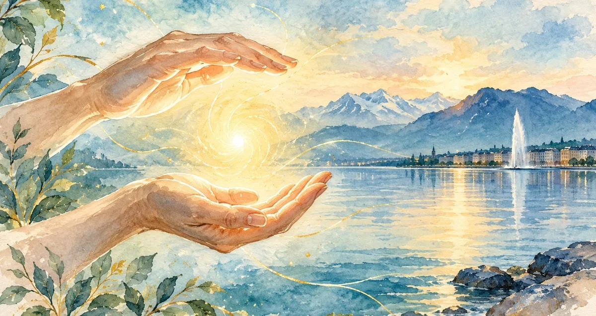 Aquarelle de mains entourant une lumière dorée au bord du Léman, illustration du magnétisme et du soin énergétique.