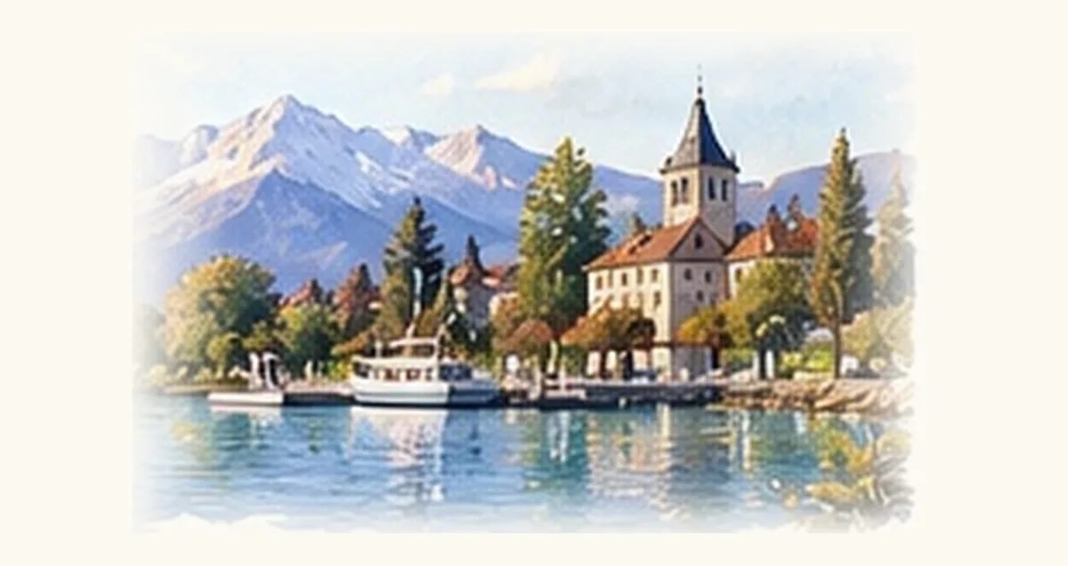 Aquarelle des rives de Nyon face aux montagnes, évoquant un chemin personnel vers le bien-être.